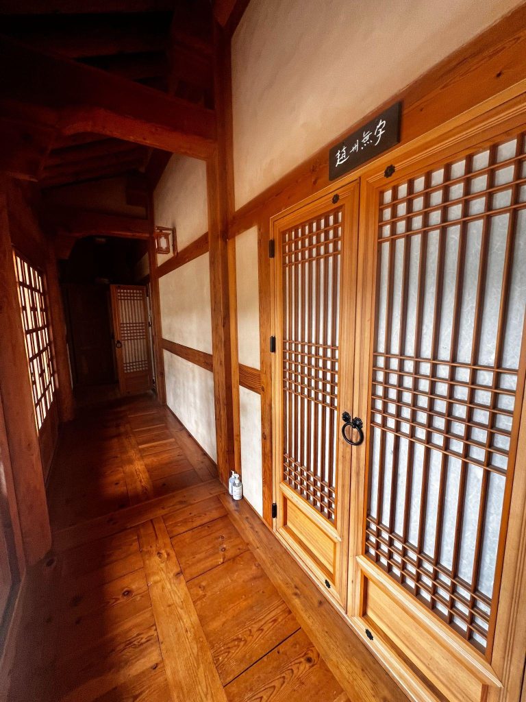 Traditional accommodation hallway at Sudeoksa Templestay in Yesan