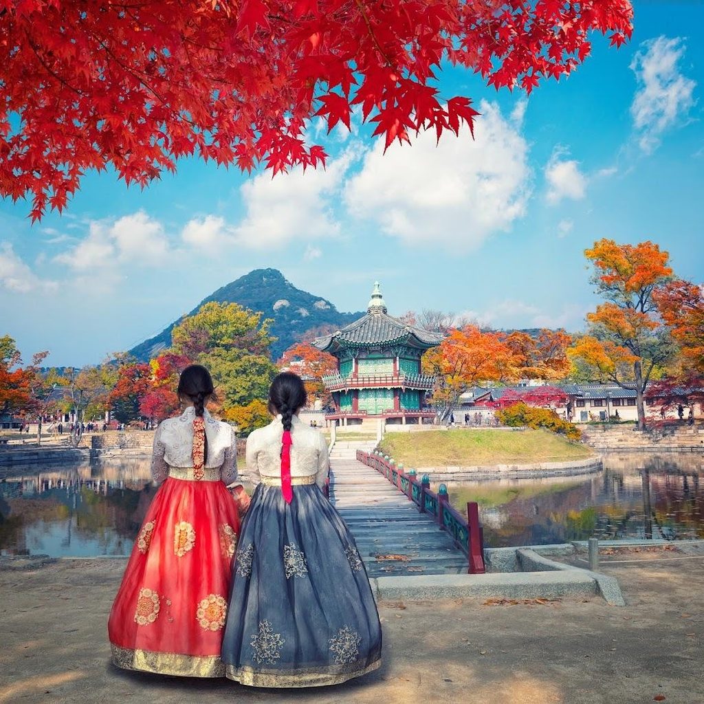 Gyeongbokgung Hyangwonji Pond in Seoul, South Korea in Fall